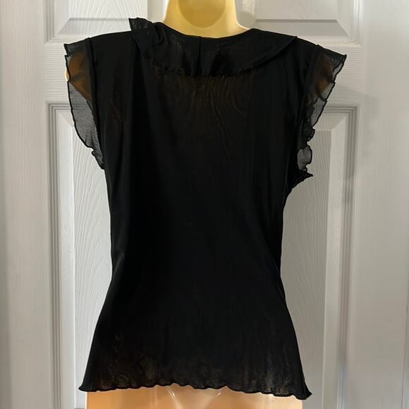 The Limited Black Nylon Mesh Knit Top Blouse Woman Medium V-Neck Ruffle - Picture 4 of 10